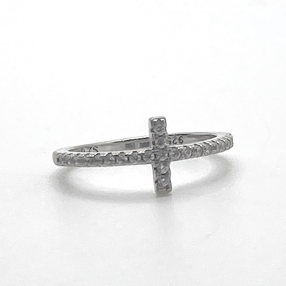 Vtg Sterling Silver & Cz Cross Crucifix T Design Ring / Sz 5.75